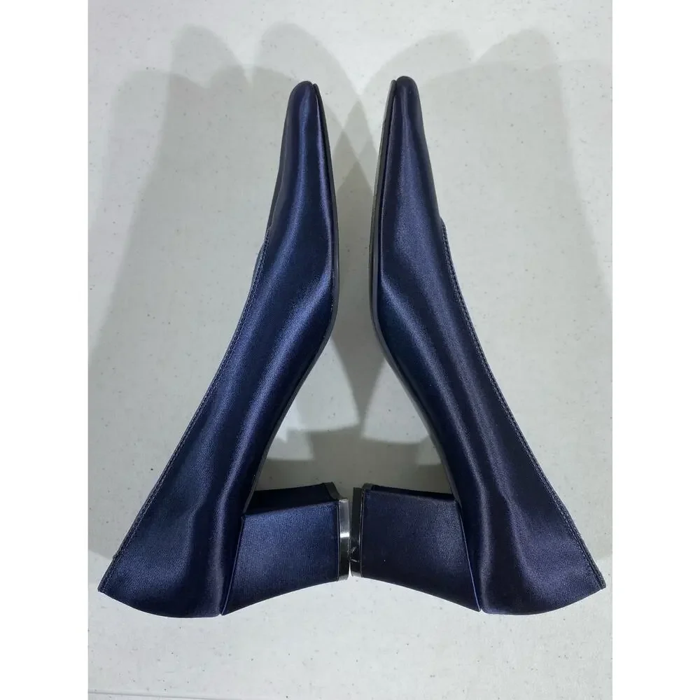 Coloriffics Silver‎ Slipper Vintage Navy Blue Satin Block Heels Womens Size 9.5